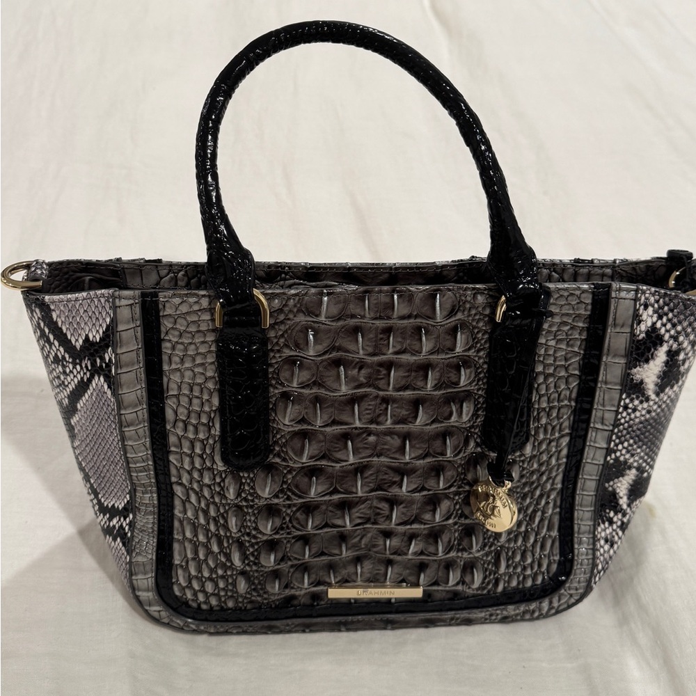 Brahmin Small Ashley black, gray. Crocodile embossed, snake embossed sides. NWT